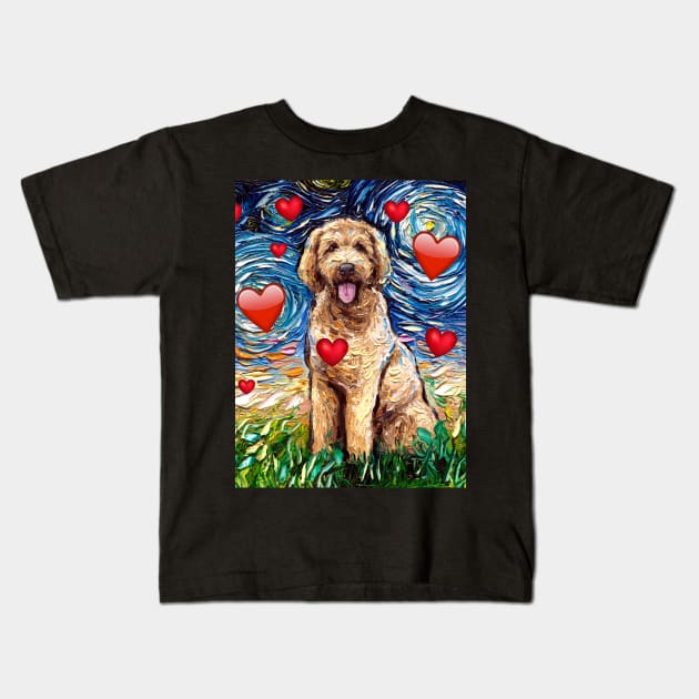 Goldendoodle Night with Hearts Kids T-Shirt by sagittariusgallery